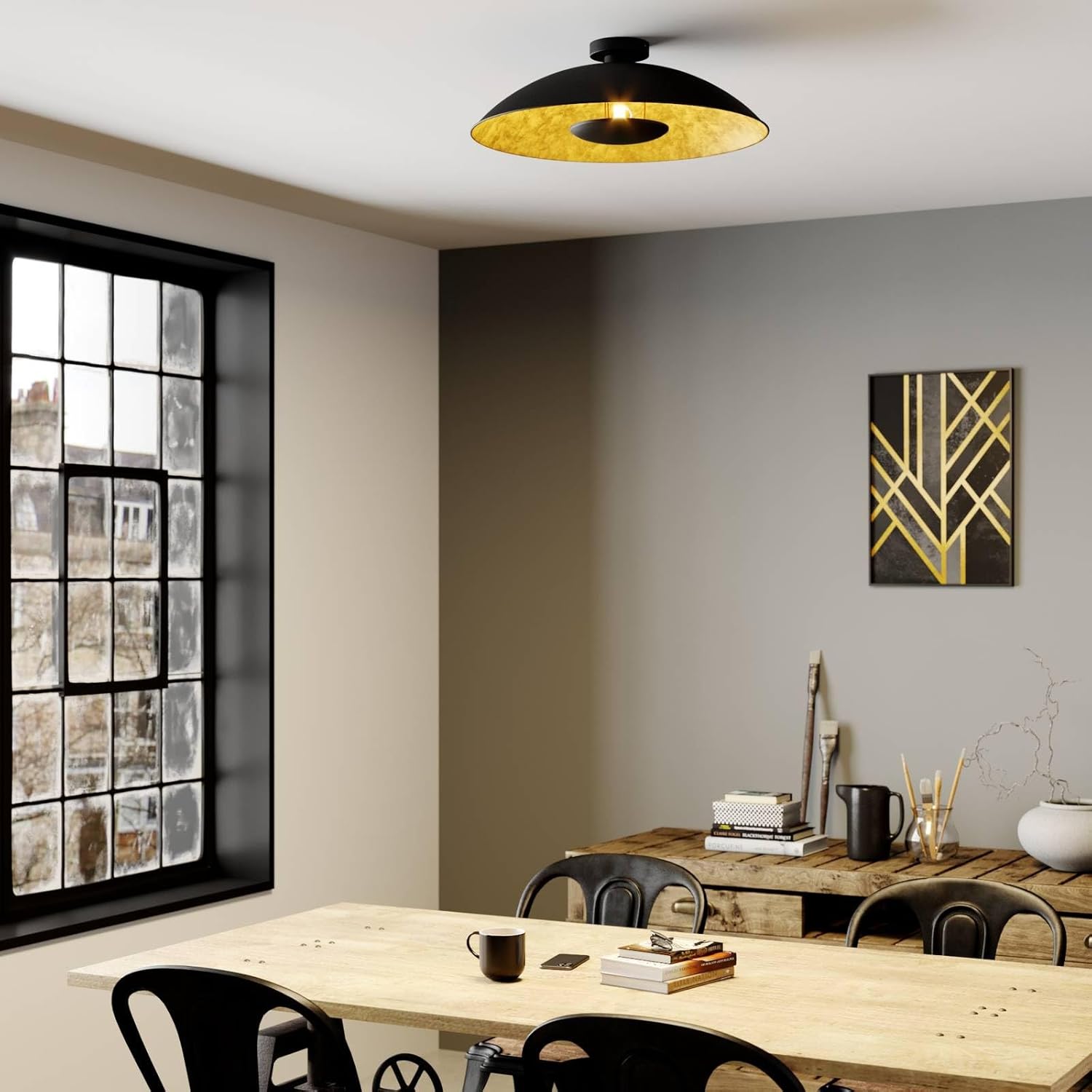 Lindby Deckenlampe schwarz, gold Ø 60 cm Deckenleuchte Metall 1x E27 ohne Leuchtmittel Deckenbeleuchtung Wohnzimmer Esszimmer Schlafzimmer