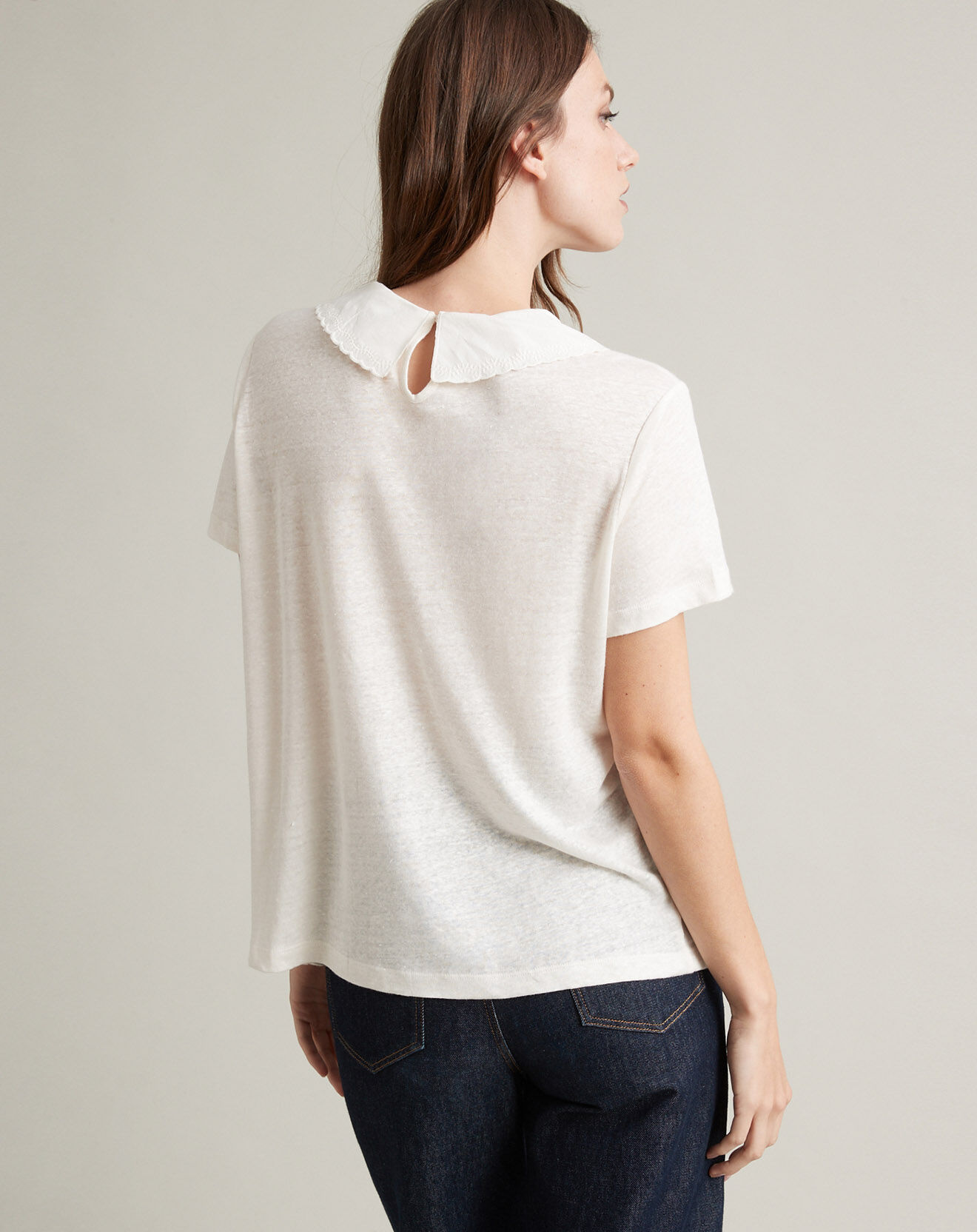 Cyrillus T-Shirt 100% Lin col claudine brodé blanc