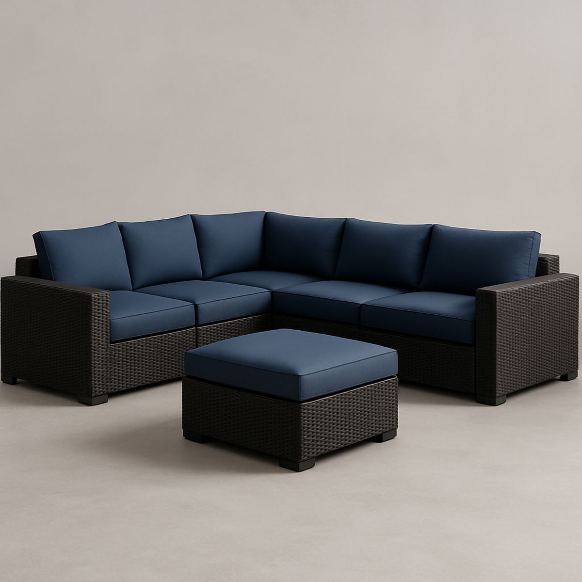 Ecksofa Set Polyethylen Rattan Dunkelbraun Blau Kissen