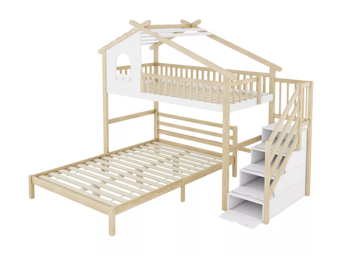 Lit superposé en bois de pin - 90x200cm + 140x200cm - avec échelle de rangement - Blanc & Naturel