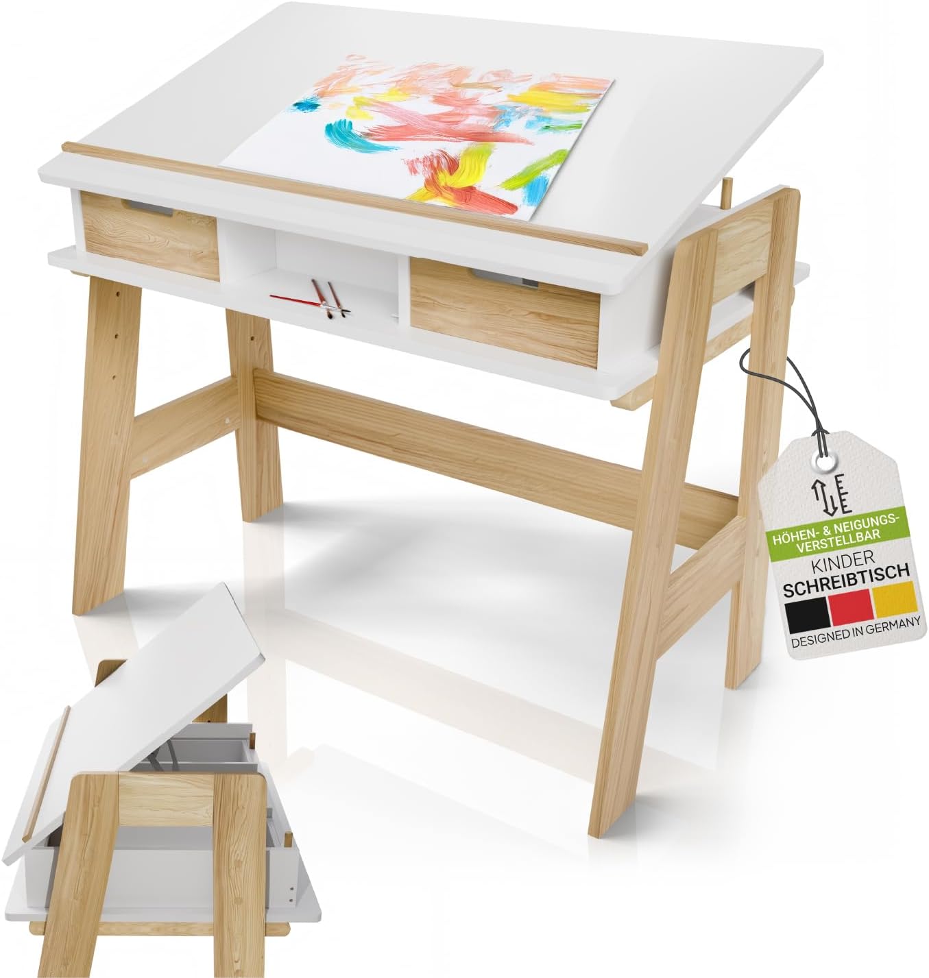 Juskys Kinderschreibtisch Fietje Plus - Neigungs- & höhenverstellbarer Schreibtisch für Kinder - aus Holz, 2 Schubladen, Stauraum - Lerntisch in Weiß