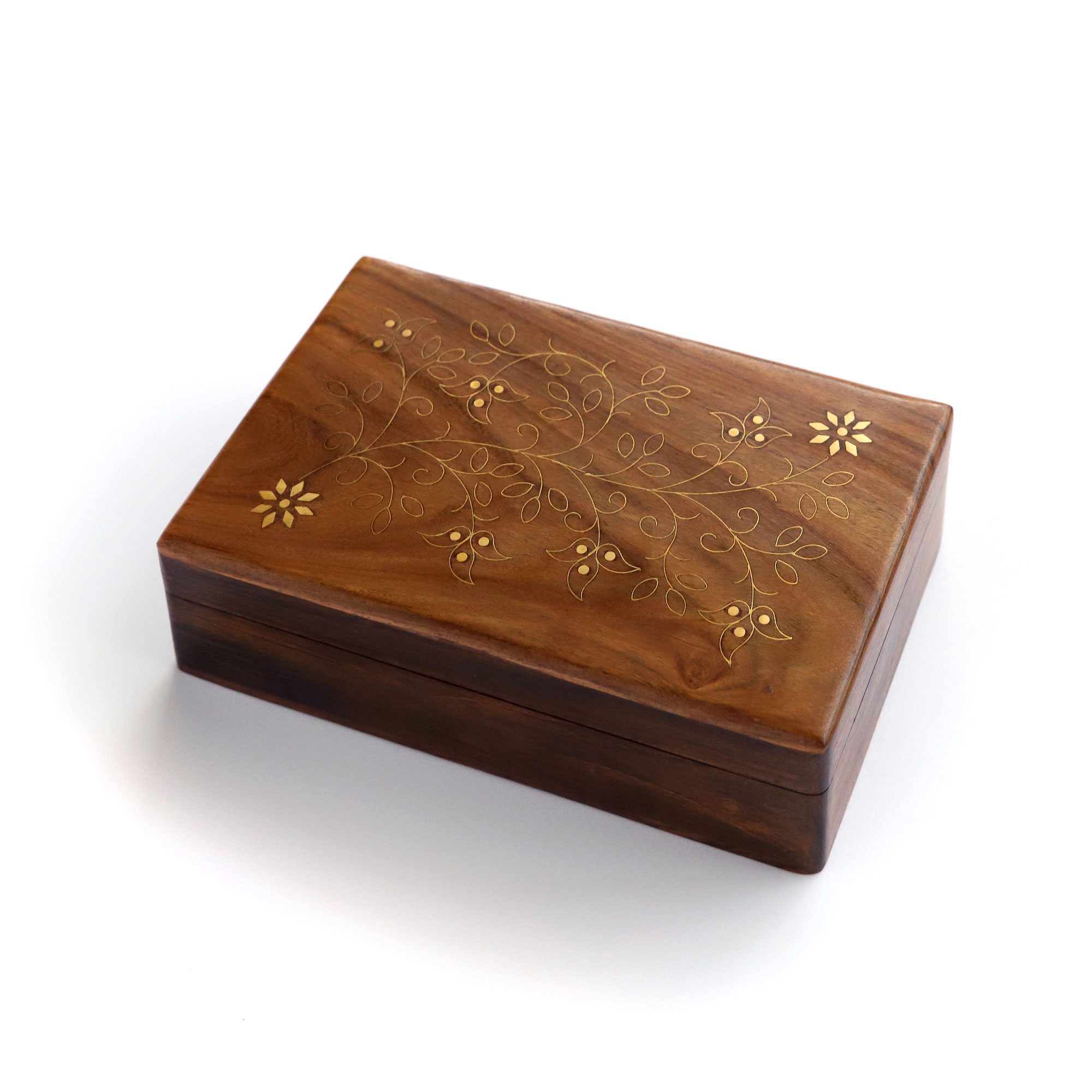 Holz-Schatulle mit Messingintarsien, braun, gold, B 20 cm, L 16 cm, H 6 cm von fischer's lagerhaus