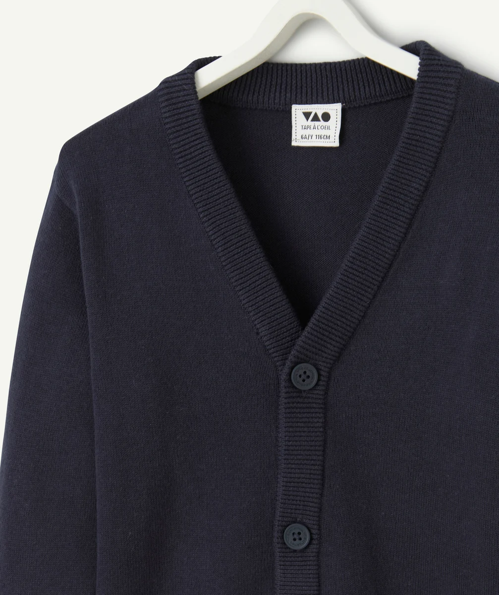 gilet en tricot manches longues garçon en coton bio bleu marine