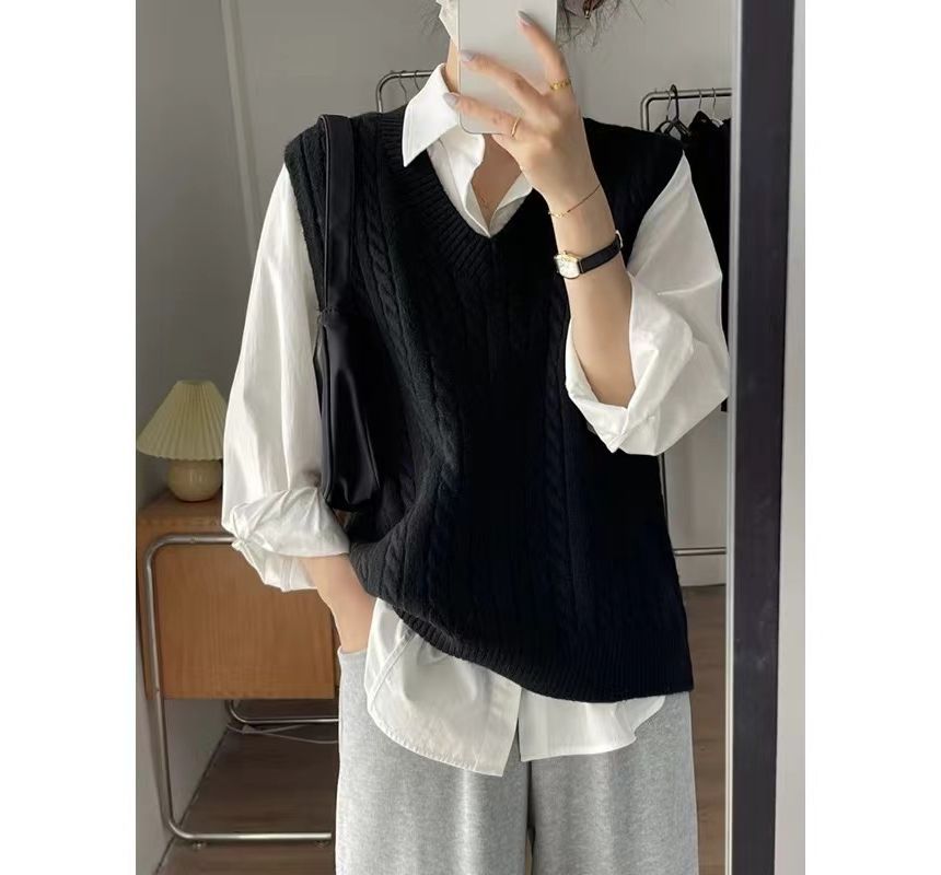 Shinsei - Effen shirt / V-hals kabelgebreid vest