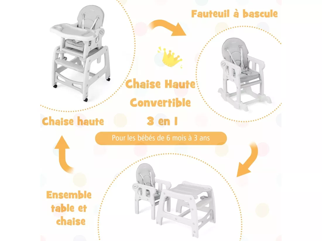 3 en 1 Chaise Haute Bébé Convertible avec Plateau Réglable, Chaise d'Alimentation Bébé avec Dossier à 3 Niveaux, Coussin de Siège, Harnais 5 Points, Charge 20KG, 6-36 Mois Gris