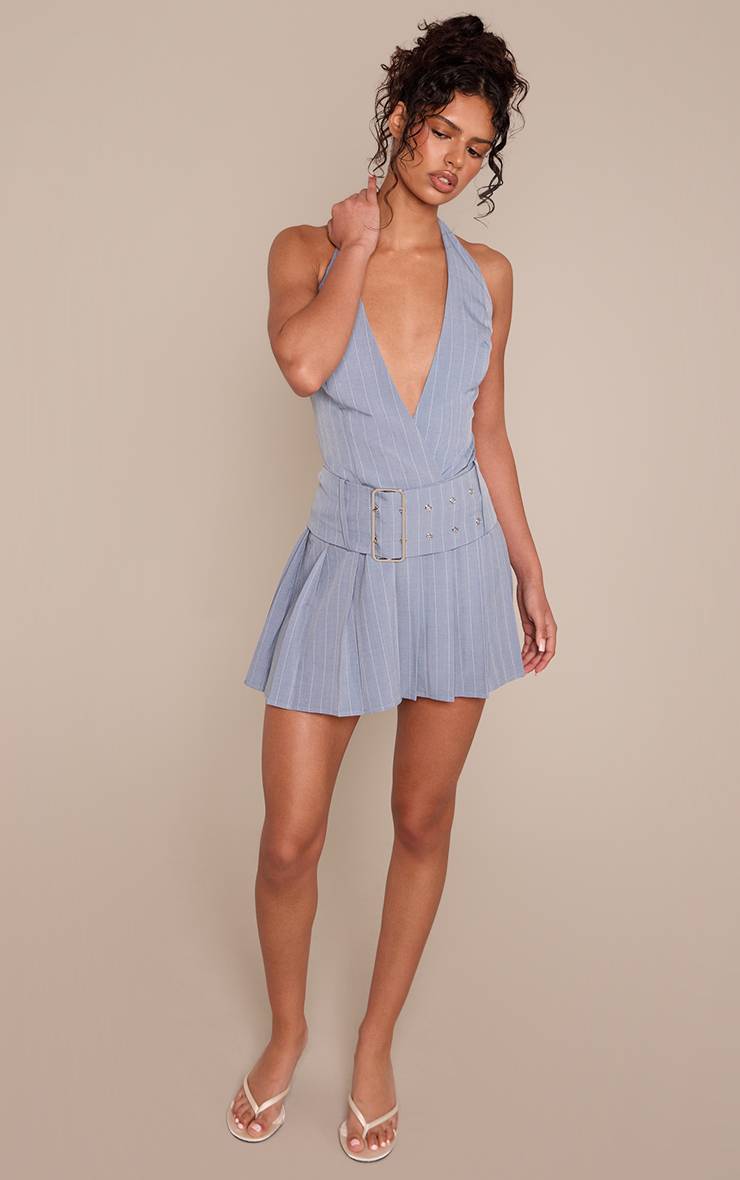 Bleu Robe Droite À Fines Rayures Avec Encolure Dos-nu Et Ceinture