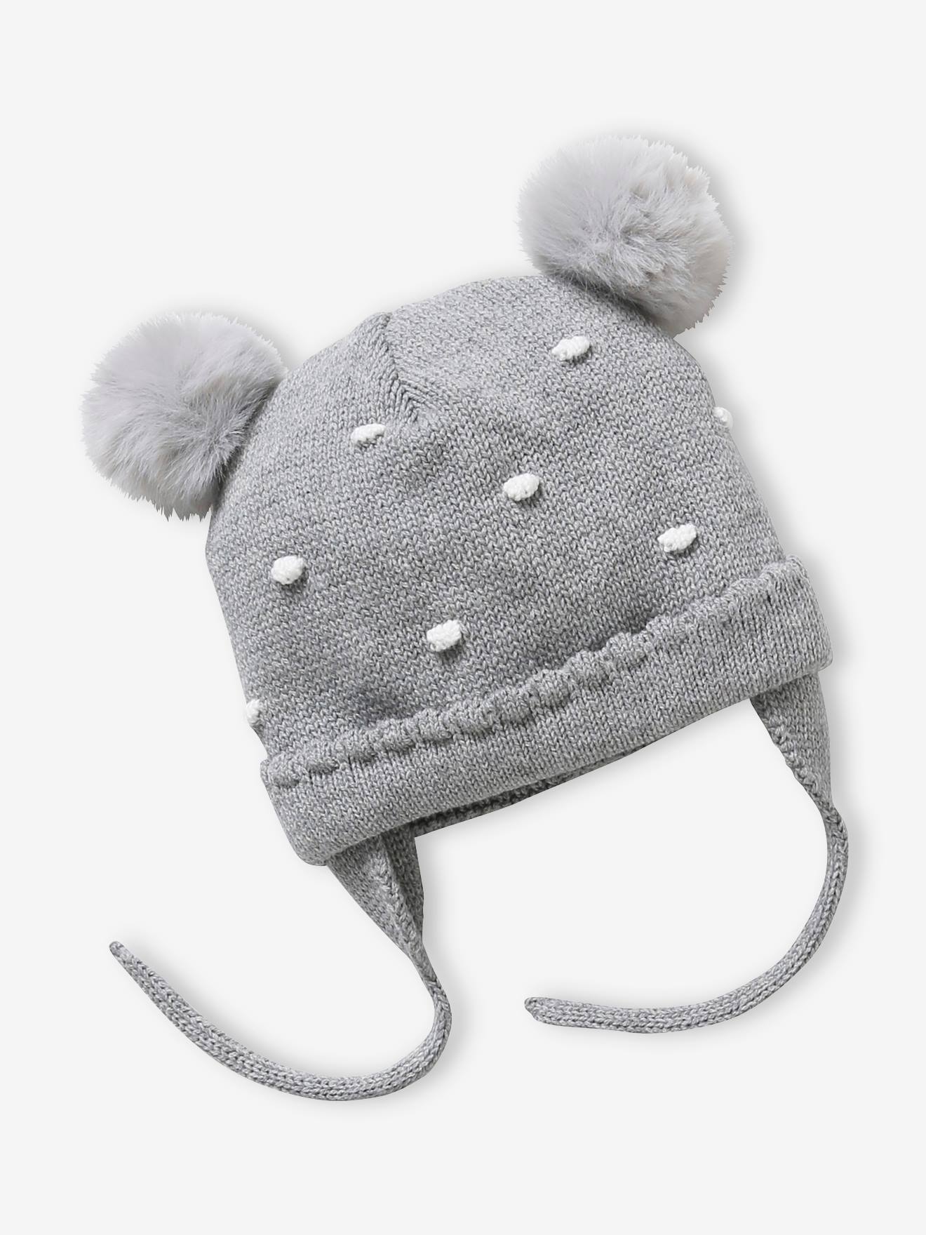 Conjunto de gorro, cachecol e luvas de bolinhas para bebê menina, cinza mescla escuro.