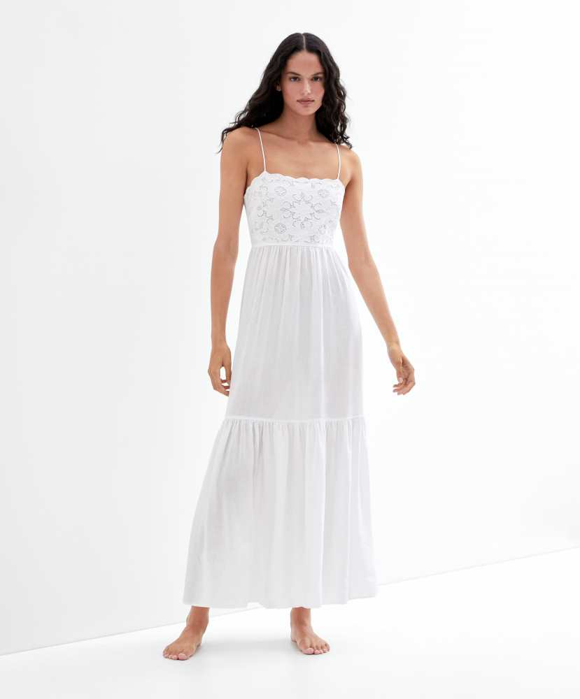 Vestido longo de linho com bordados