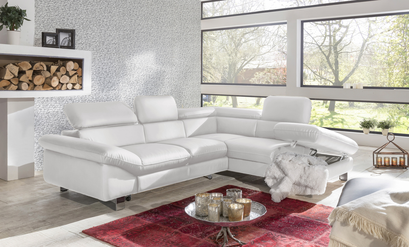 Ecksofa - white - Liegefunktion - Ottomane rechts