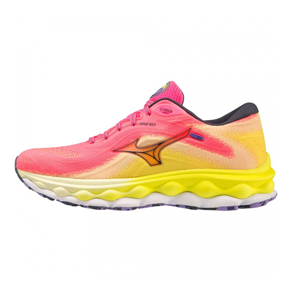 Mizuno WAVE SKY 7 - Chaussures running Femme high-vis pink/ombreblue/boltneon