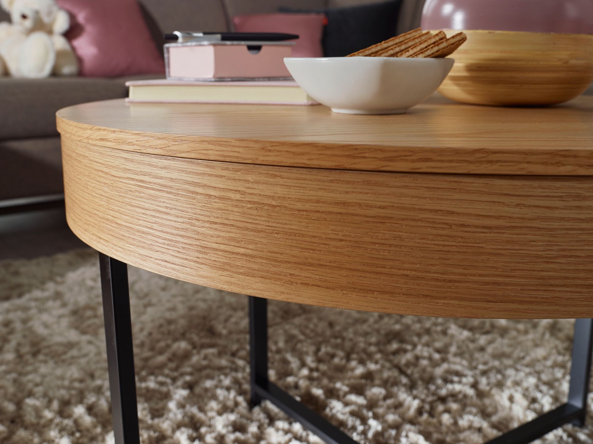 FineBuy Design Couchtisch Ø69 Eiche Furnier Metallbeine Stauraum Wohnzimmertisch