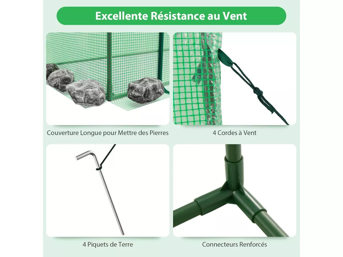Serre de Jardin Extérieure 200x77x169cm avec Housse PE et Cadre Métal, Porte à Fermeture Éclair, Fenêtres à Moustiquaire - Vert