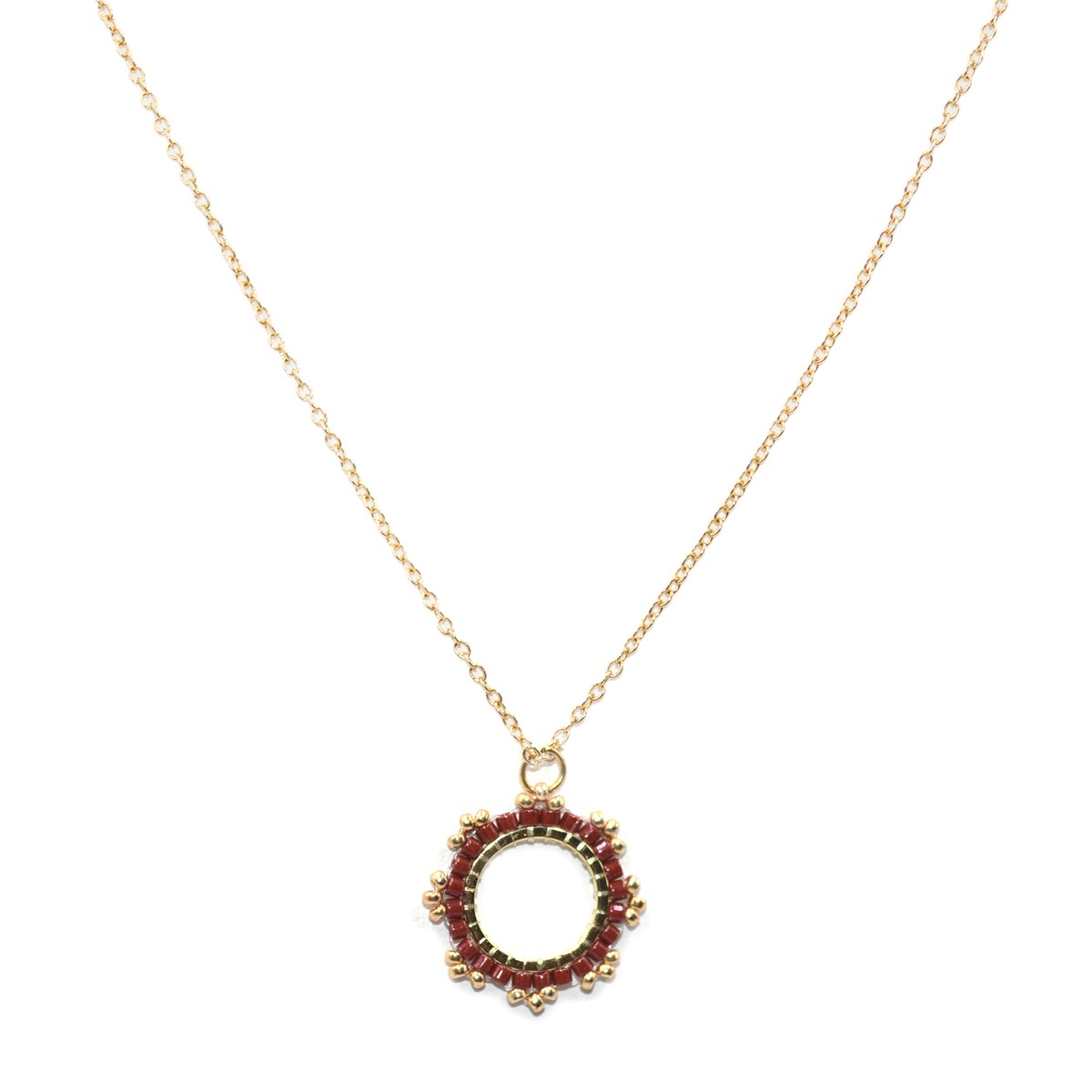 Collier avec pendentif tissé mains- Perles  miyuki Bordeaux -Doré à l'or fin