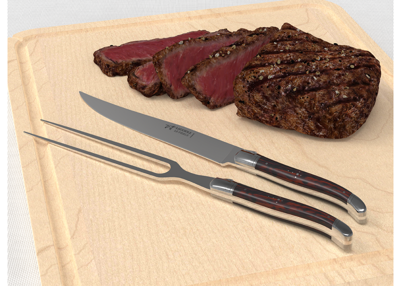 Service à viande Laguiole avec un manche en bois d'amourette et mitres en acier inoxydable