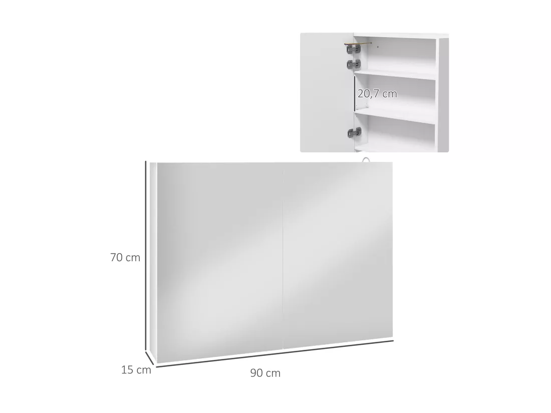 Armoire miroir LED de salle de bain - 2 portes, 2 étagères - tactile, lumière réglable - MDF blanc laqué verre