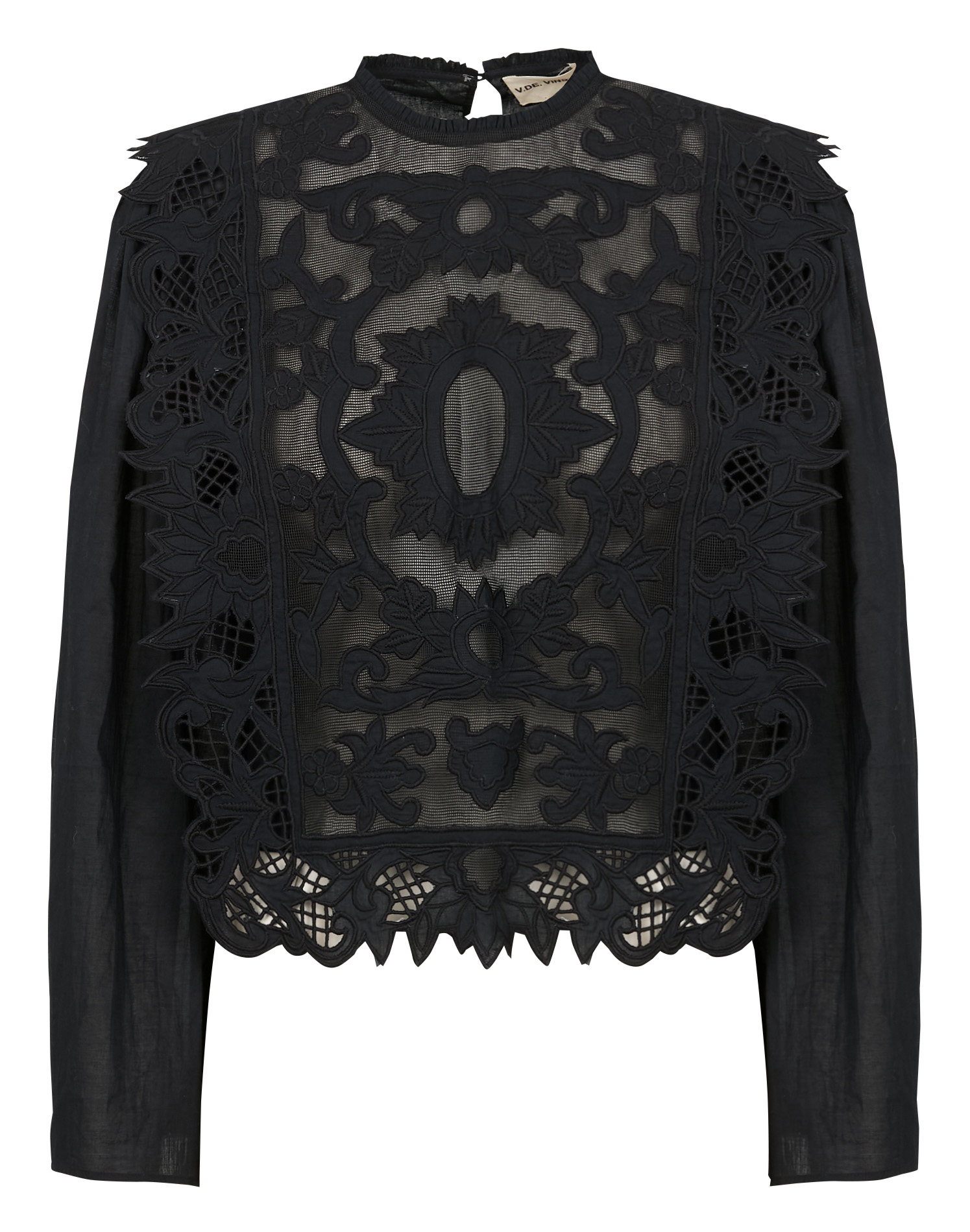 HEART - Top col rond brodé en voile de coton | Noir