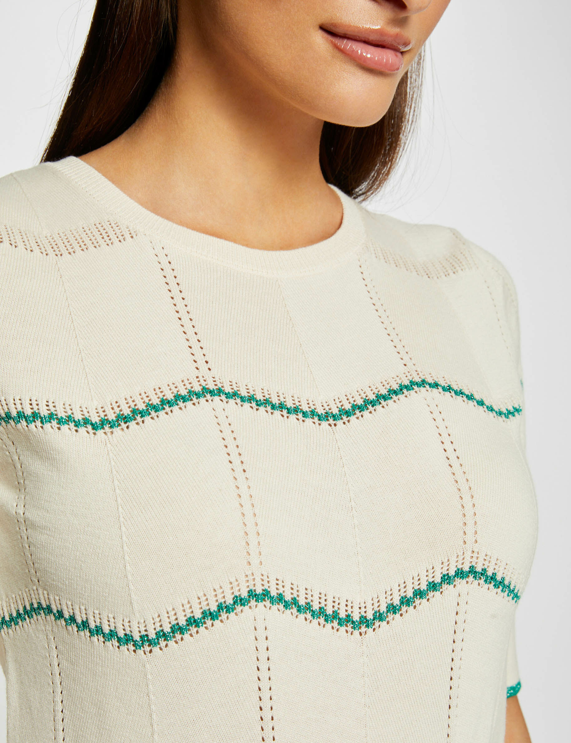 Pull manches courtes à rayures vert moyen femme - vert_moyen