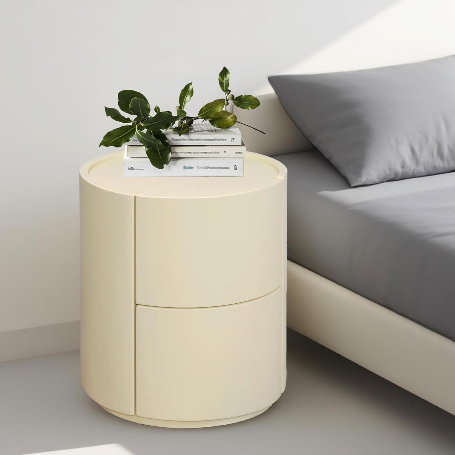 Nachttisch Rund mit 2 Schubladen, 40 cm breit, Moderner Leder-Nachttische, Nachtschrank aus Holz mit Stauraum, für Schlafzimmer Wohnzimmer, Beige