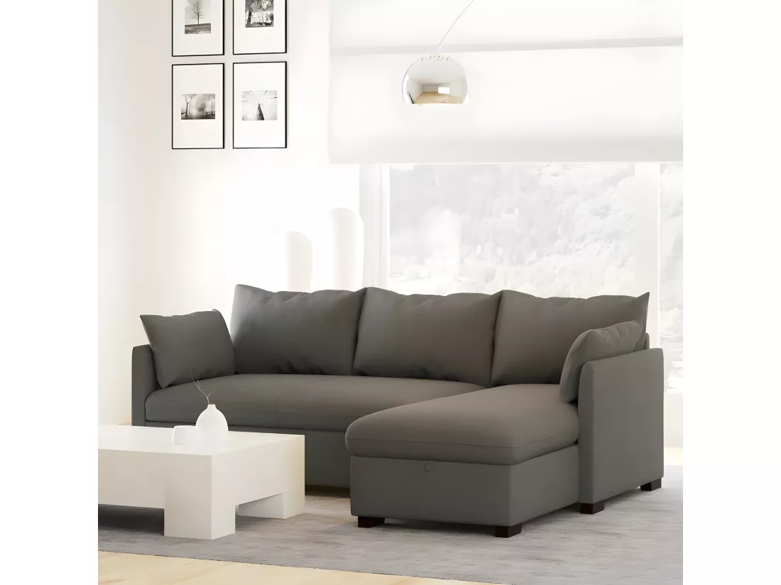 Canapé méridienne 3 places réversible en polyester gris