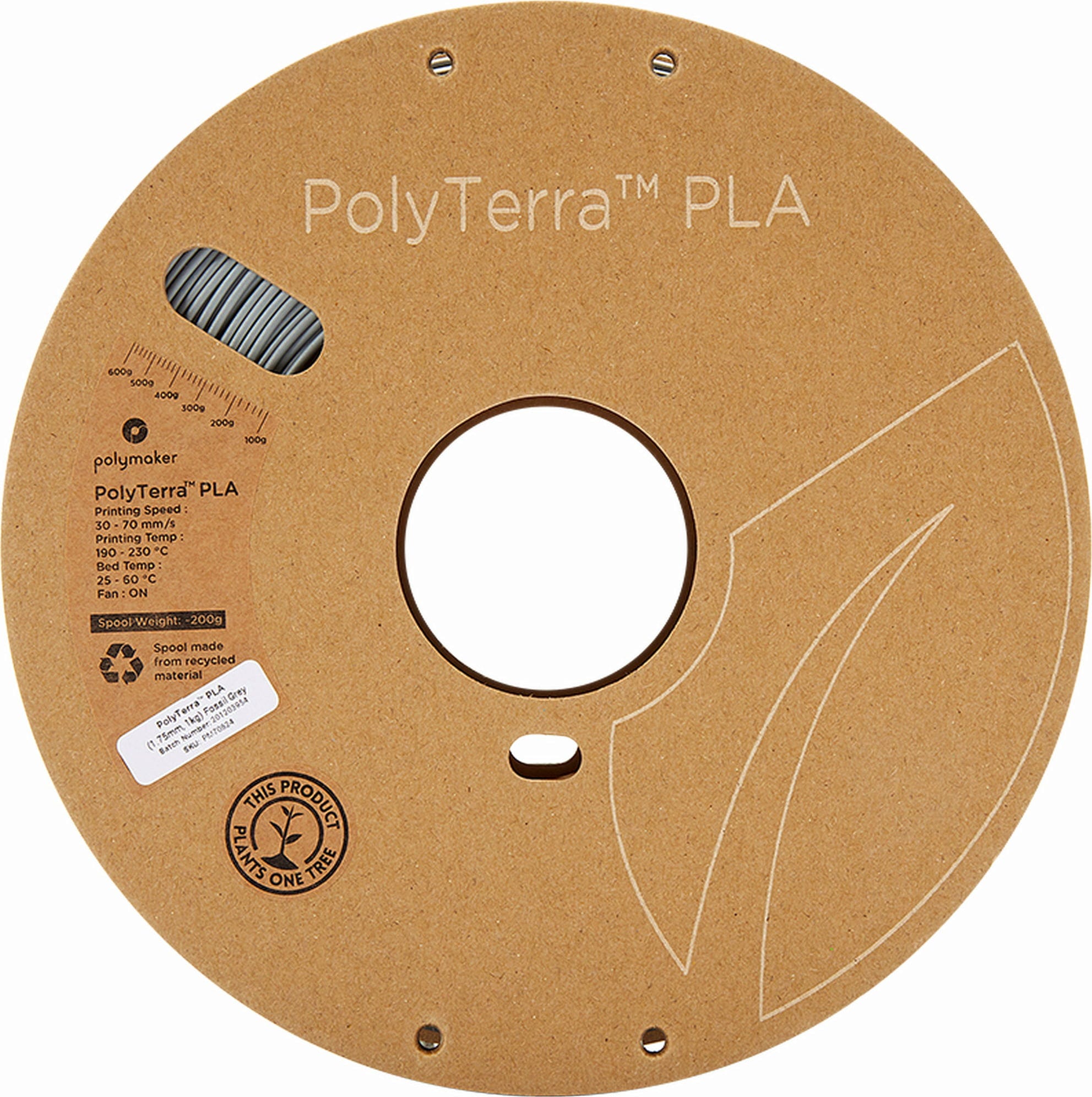 Polymaker  PolyTerra PLA Fossil Grey, 1,75 mm / 1000 g    Filament mit reduziertem Kunststoffgehalt