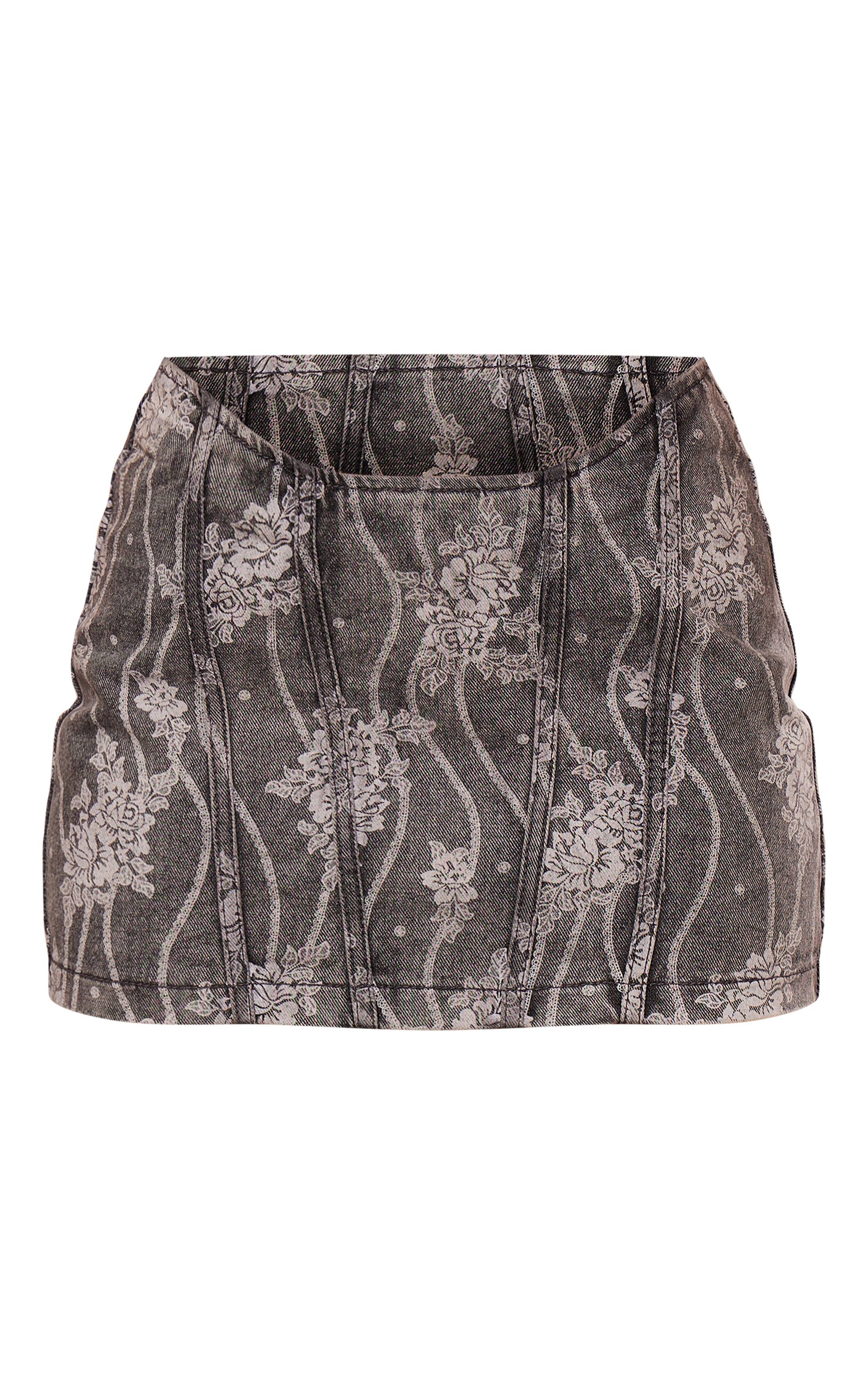 Washed Grey Mini Jupe En Denim Imprimé Dentelle