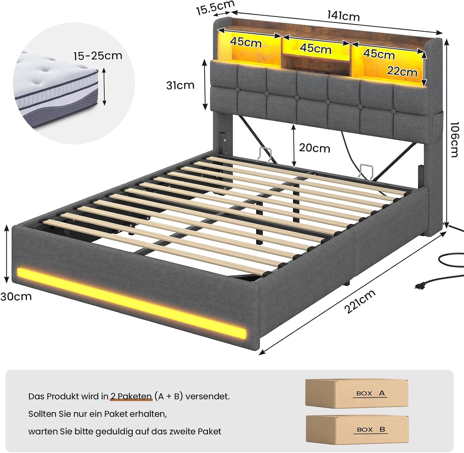 Polsterbett 140×200cm Hydraulisches Stauraumbett mit LED-Bleuchtung Jugendbett mit USB- und Type-C-Anschlüsse Doppelbett Bettgestell mit Holzlatten, Leinenstoff, ohne Matratze (Dunkelgrau, 140x200cm)