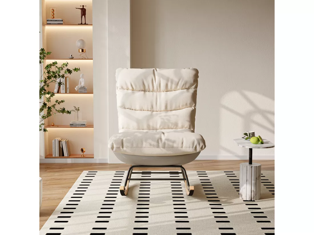 Fauteuil scandinave en Bois, Fauteuil à Bascule, Rocking Chair, Structure en Bois Massif et métal, Lin Beige, 72 x 83 x 93 cm