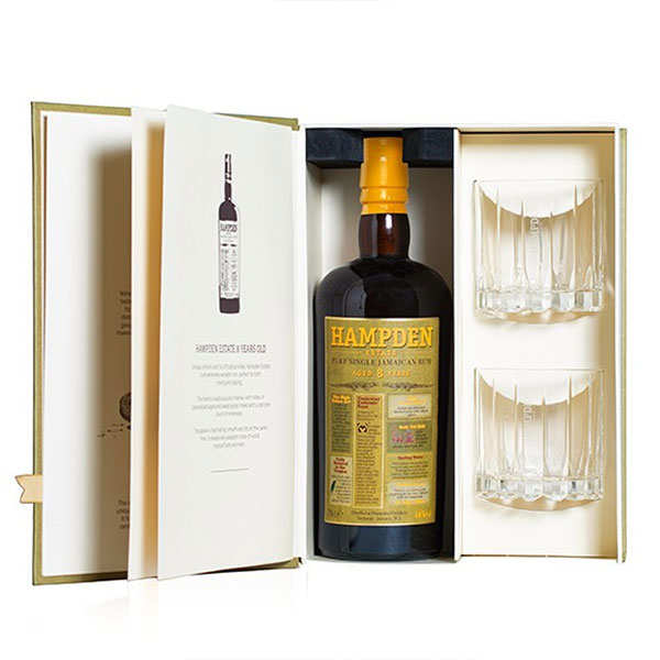 Coffret cadeau livre rhum Hampden 8 ans 46% + 2 verres
