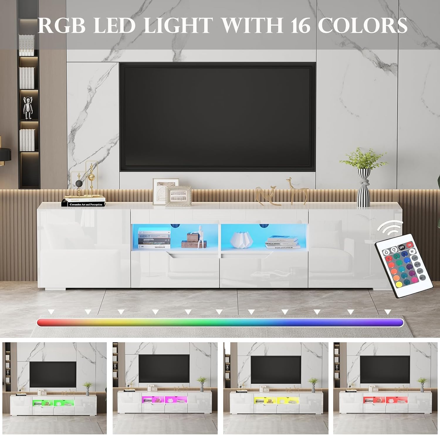 Hochglanz TV Schrank 200 cm mit 16 LED Farben – Modernes TV Lowboard für 65–85 Zoll Fernseher, TV Möbel mit 2 Schubladen & Schränken, Griffloses TV Board für Wohnzimmer (Weiß)