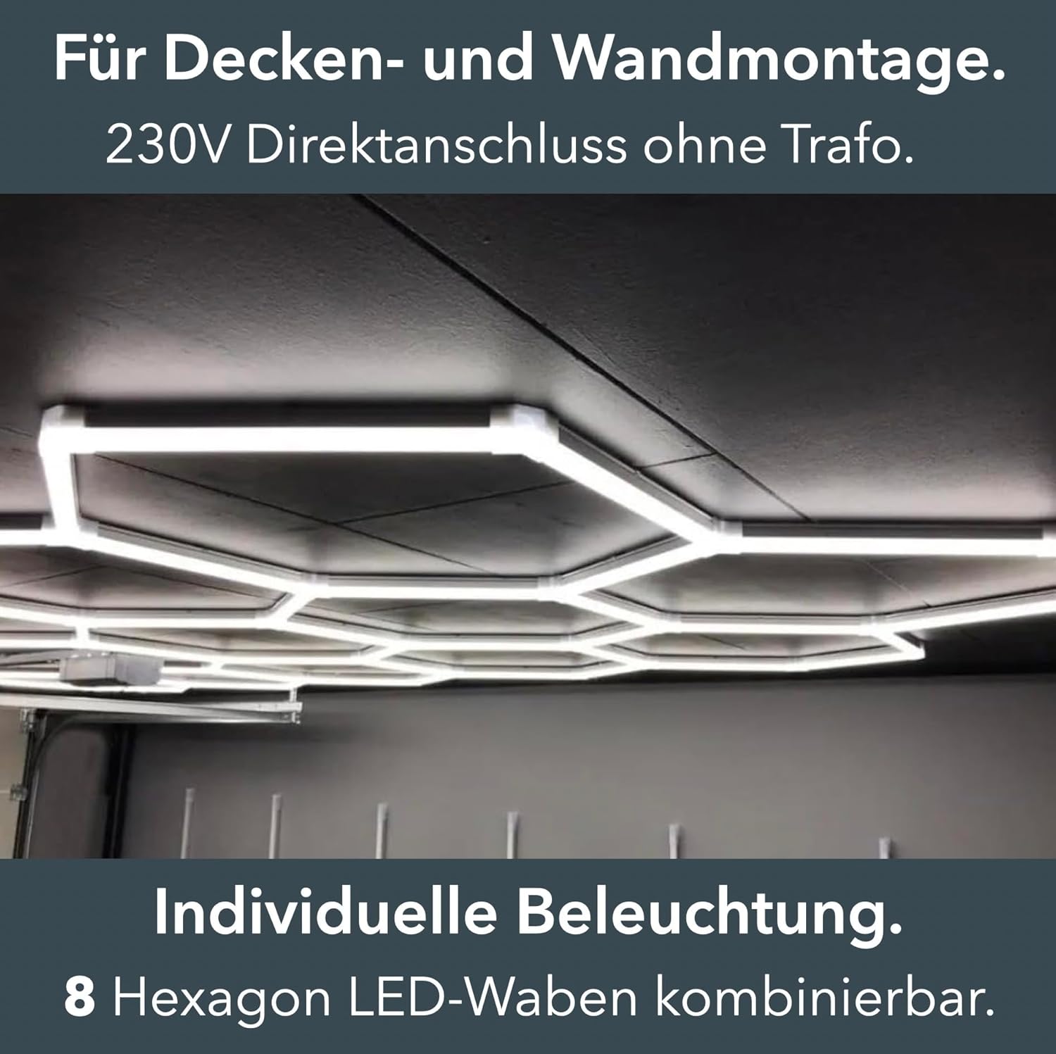 lambado® Hexagon LED-Deckenleuchte Garagenbeleuchtung LED Werkstattbeleuchtung 8-teilig | Farbtemperatur 6500K Weiß | Fitnessstudio Barber Shop Salon Ausstellung