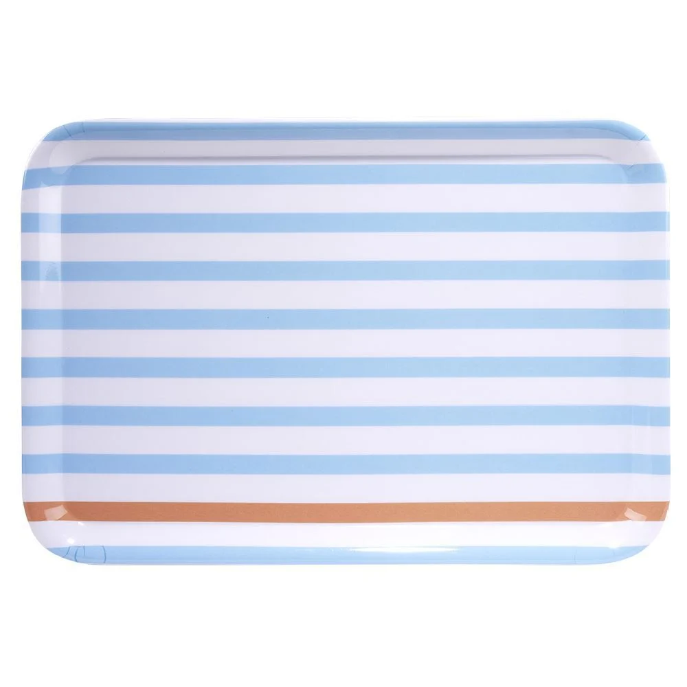 Plateau rectangulaire rayé bleu blanc liseré orange plastique 45x31cm