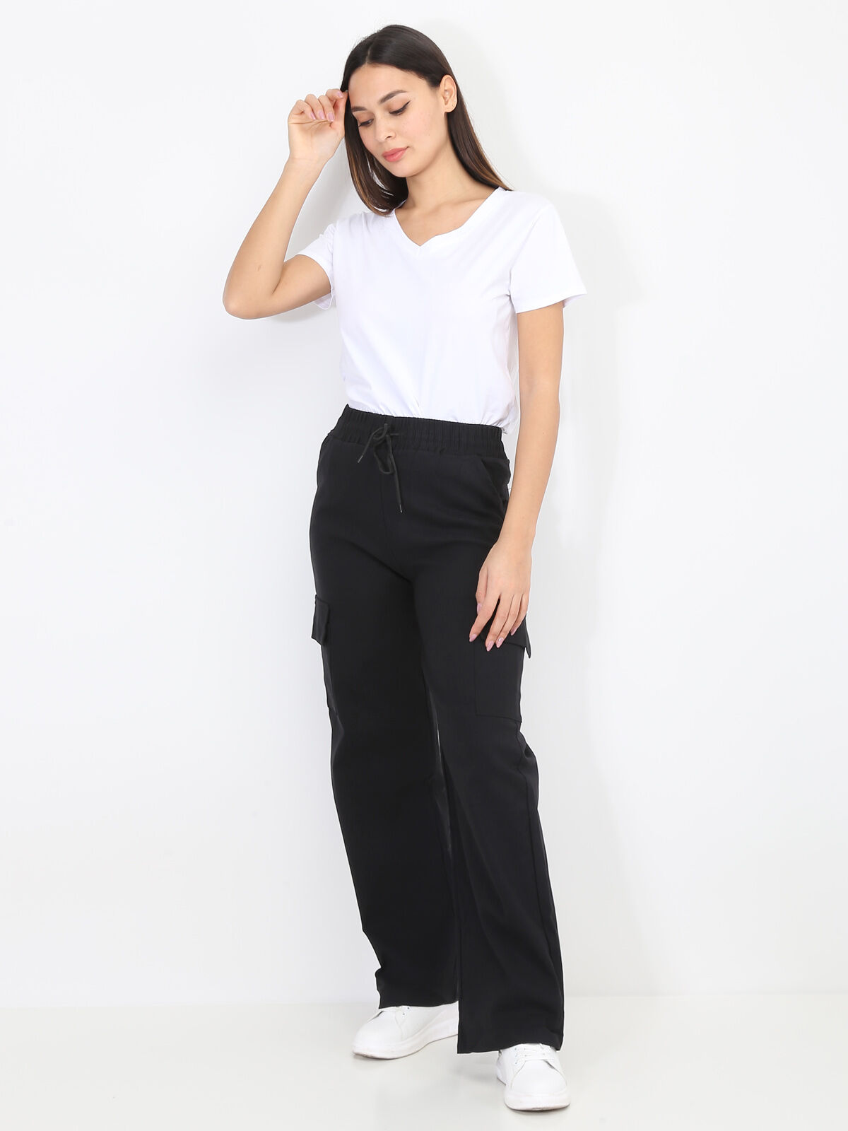 Pantalon cargo à taille élastiquée- Noir