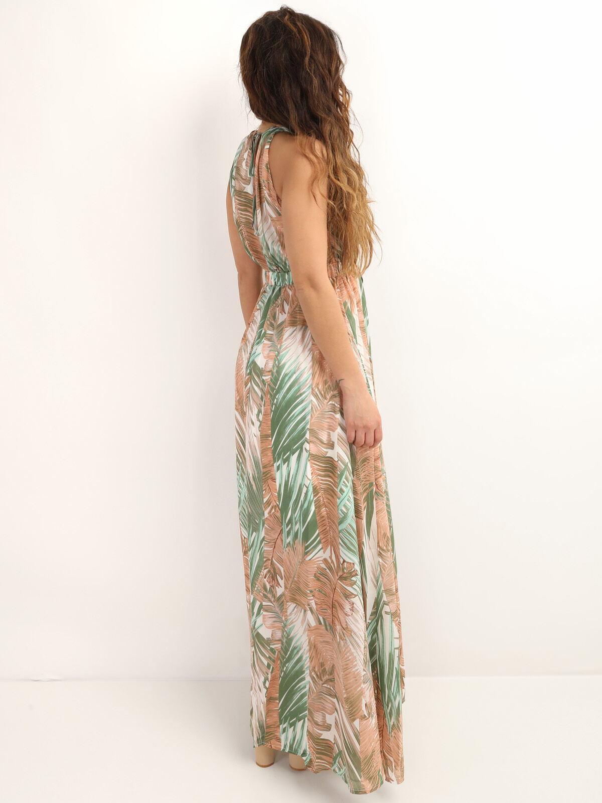 Robe longue à imprimé feuilles- Rose