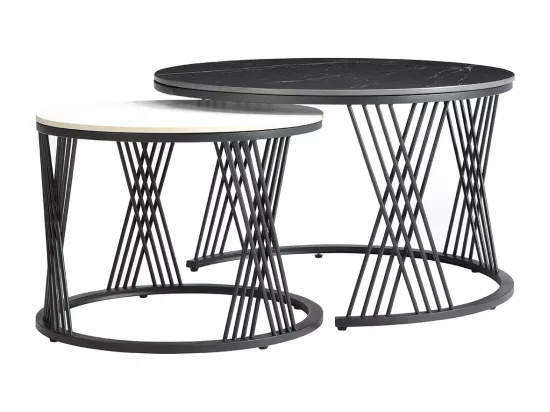 LUZ - Tables Gigogne Plateaux Céramique Marbrés Noir et Blanc Pieds Métal Noir