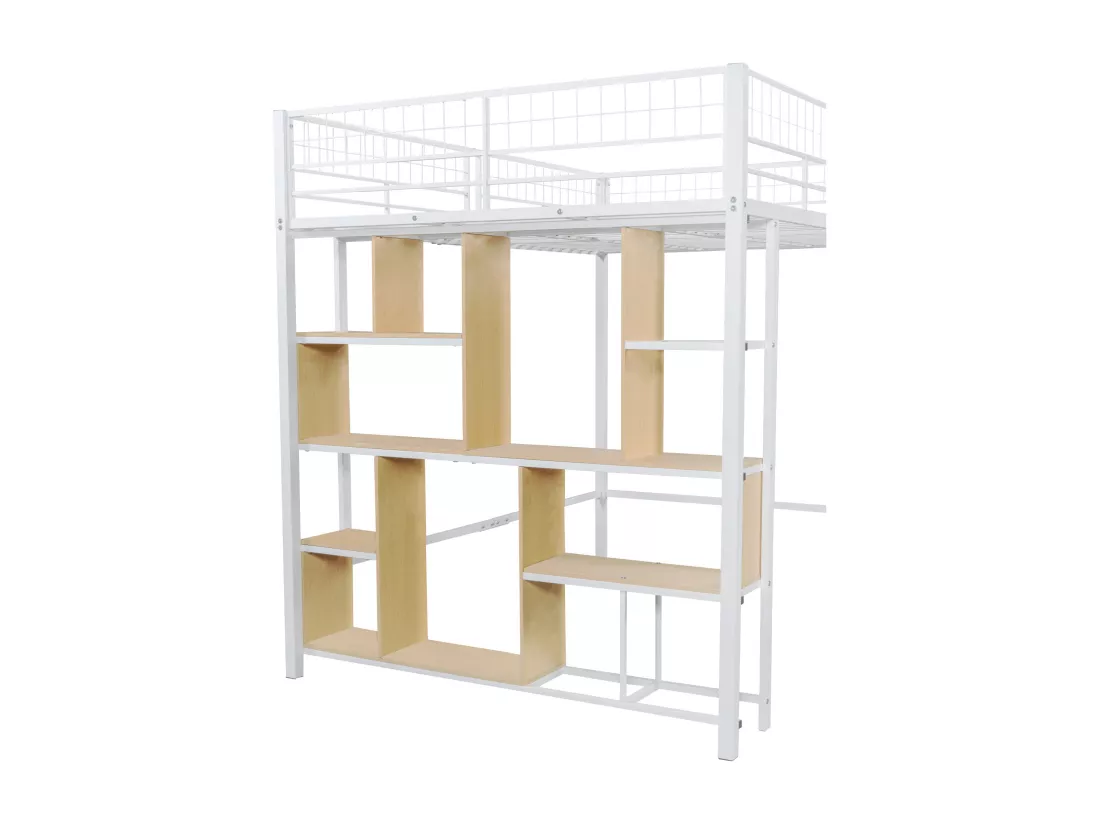 Lit mezzanine 140 x 200 cm avec armoire et étagères - Métal + Contreplaqué + MDF - Sommier à lattes - Blanc
