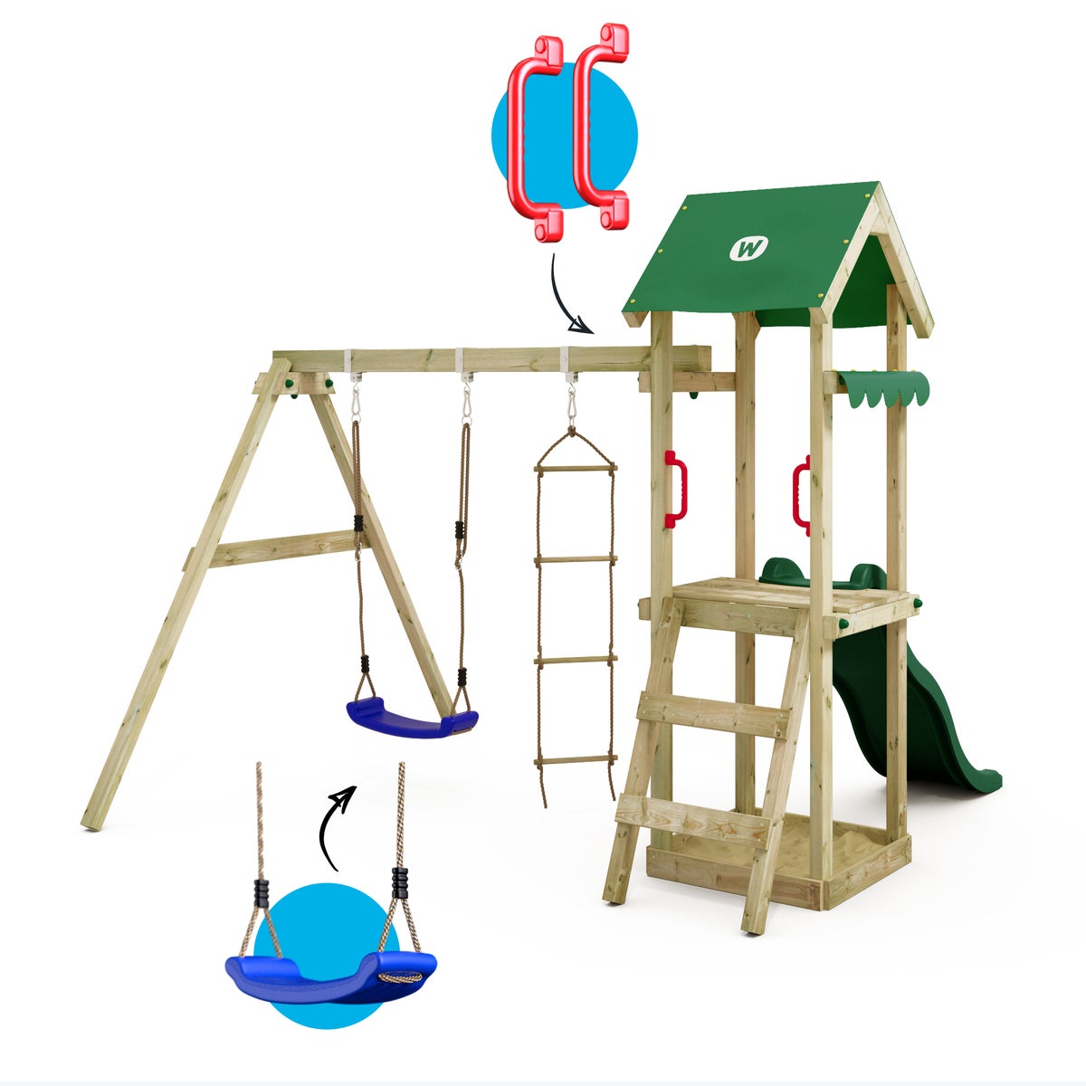 WICKEY TinyCabin Speeltoren Klimrek met Schommel en Glijbaan, Klimtoren met Zandbak, Ladder en Speelaccessoires - Groen