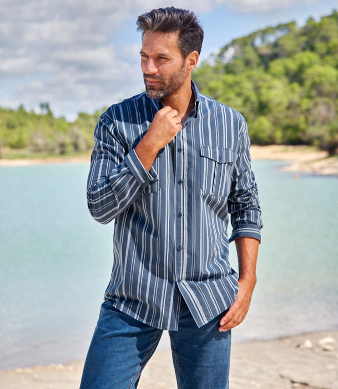 Chemise Popeline Rayée Bleu
