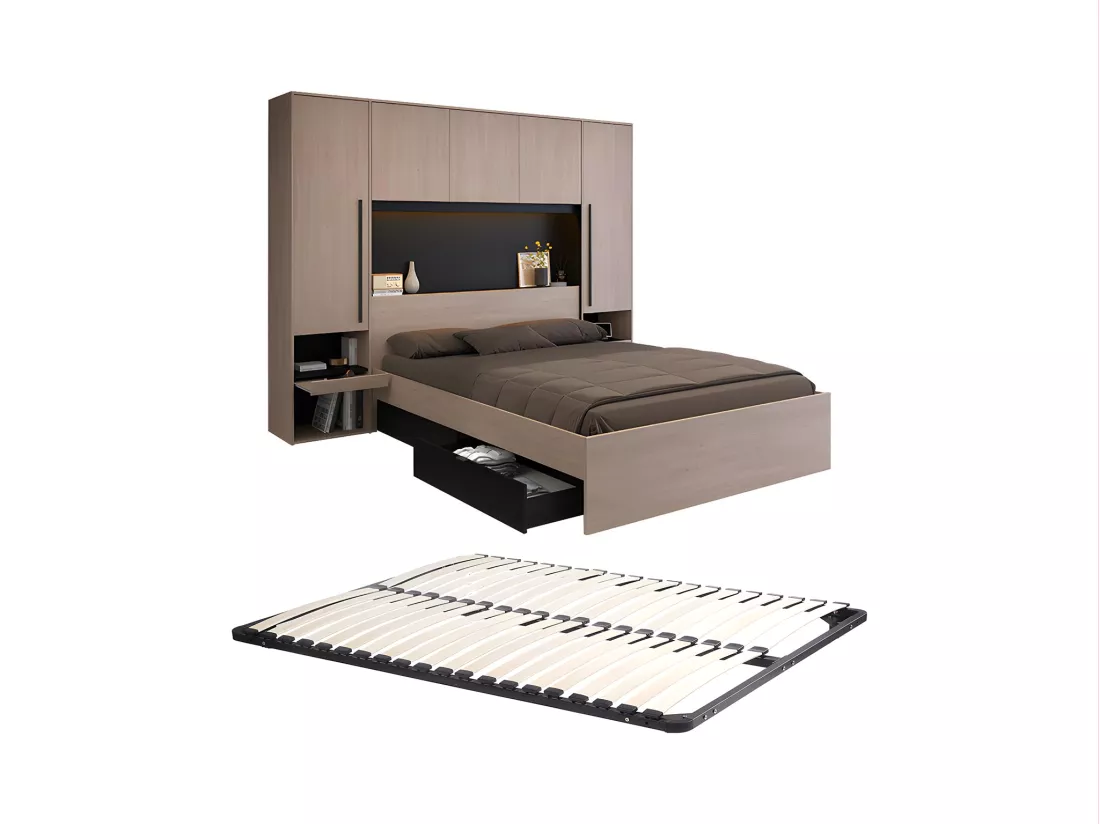 Lit pont 140 x 190 cm avec rangements - Avec LEDs - Coloris : Naturel et noir + Sommier - VELONA