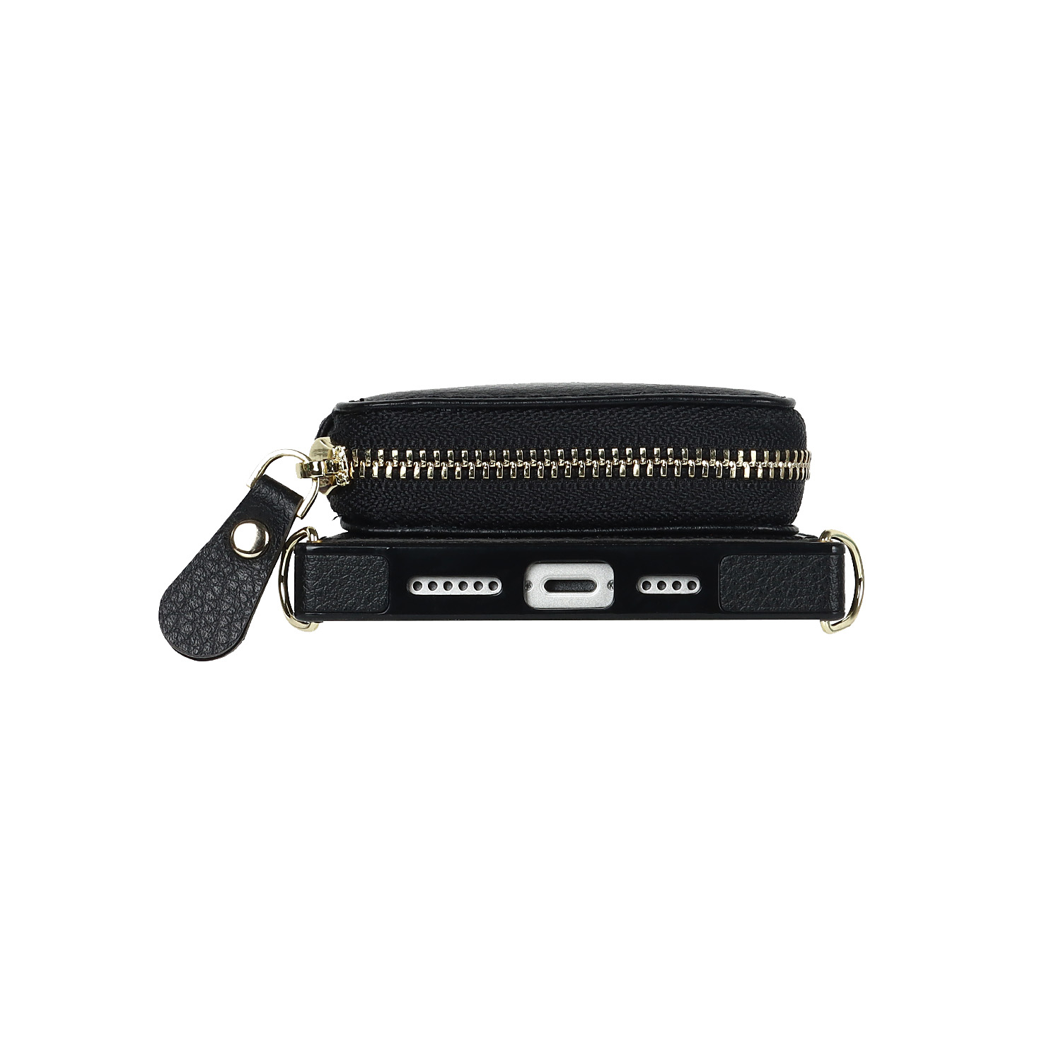 iPhone 16 Pro Necklace Leder Schutz Hülle mit Kartenfächer   Handykette (140cm) - Schwarz