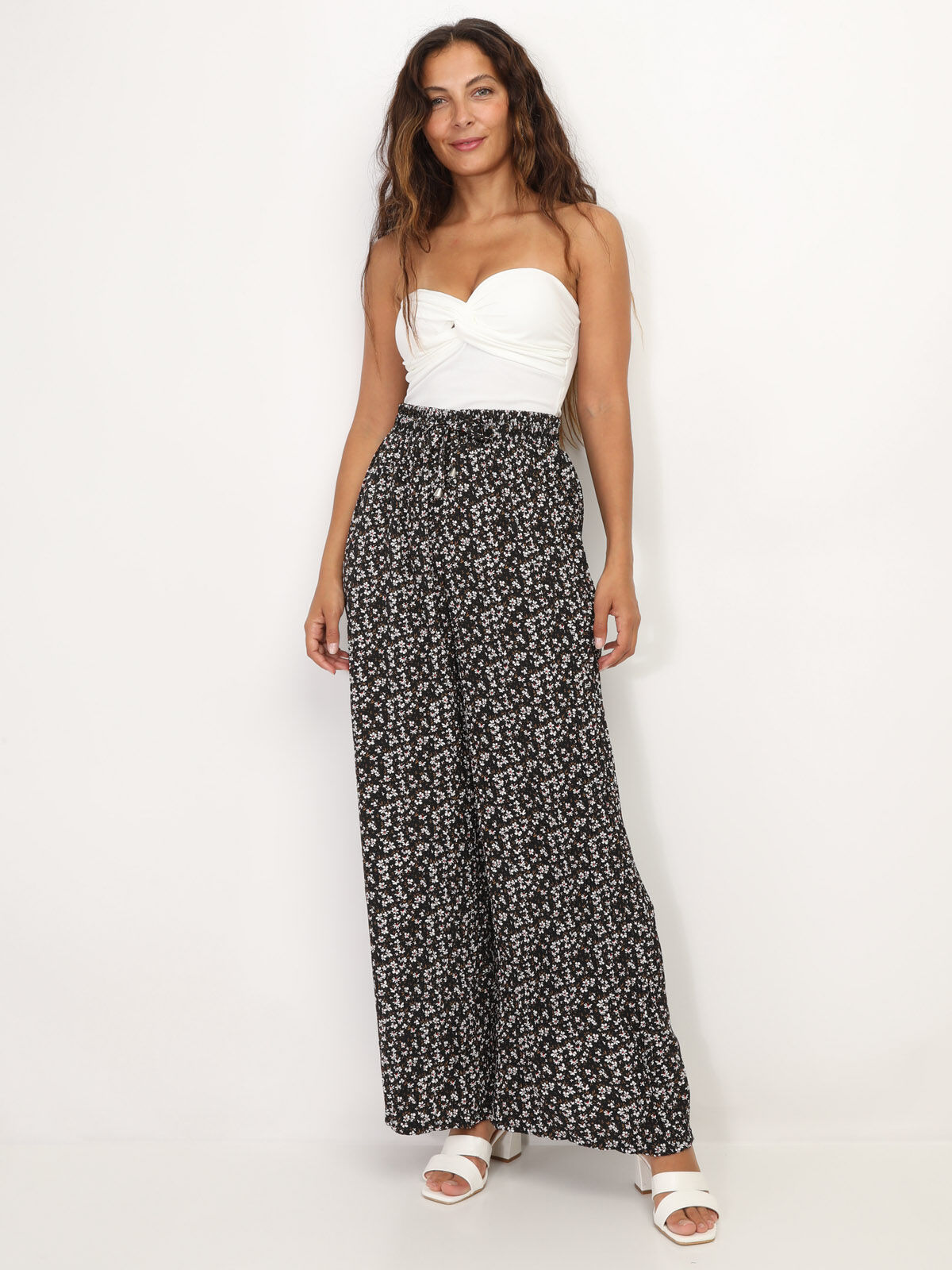 Pantalon plissé à motif floral- Noir