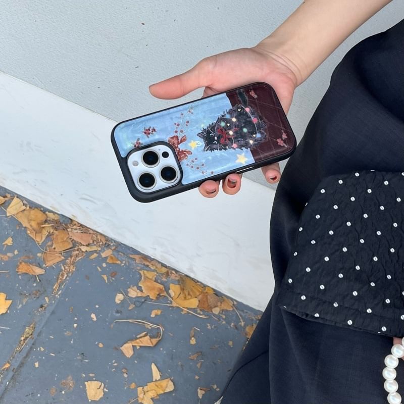 Fonekase - Kerstmis Kat Kunstleren Telefoonhoesje - iPhone 16 Pro Max / 16 Pro / 16 Plus / 16 / 15 Pro Max / 15 Pro / 15 Plus / 15 / 14 Pro Max / 14 Pro / 14 Plus / 14 / 13 Pro Max / 13 Pro / 13 / 13 Mini