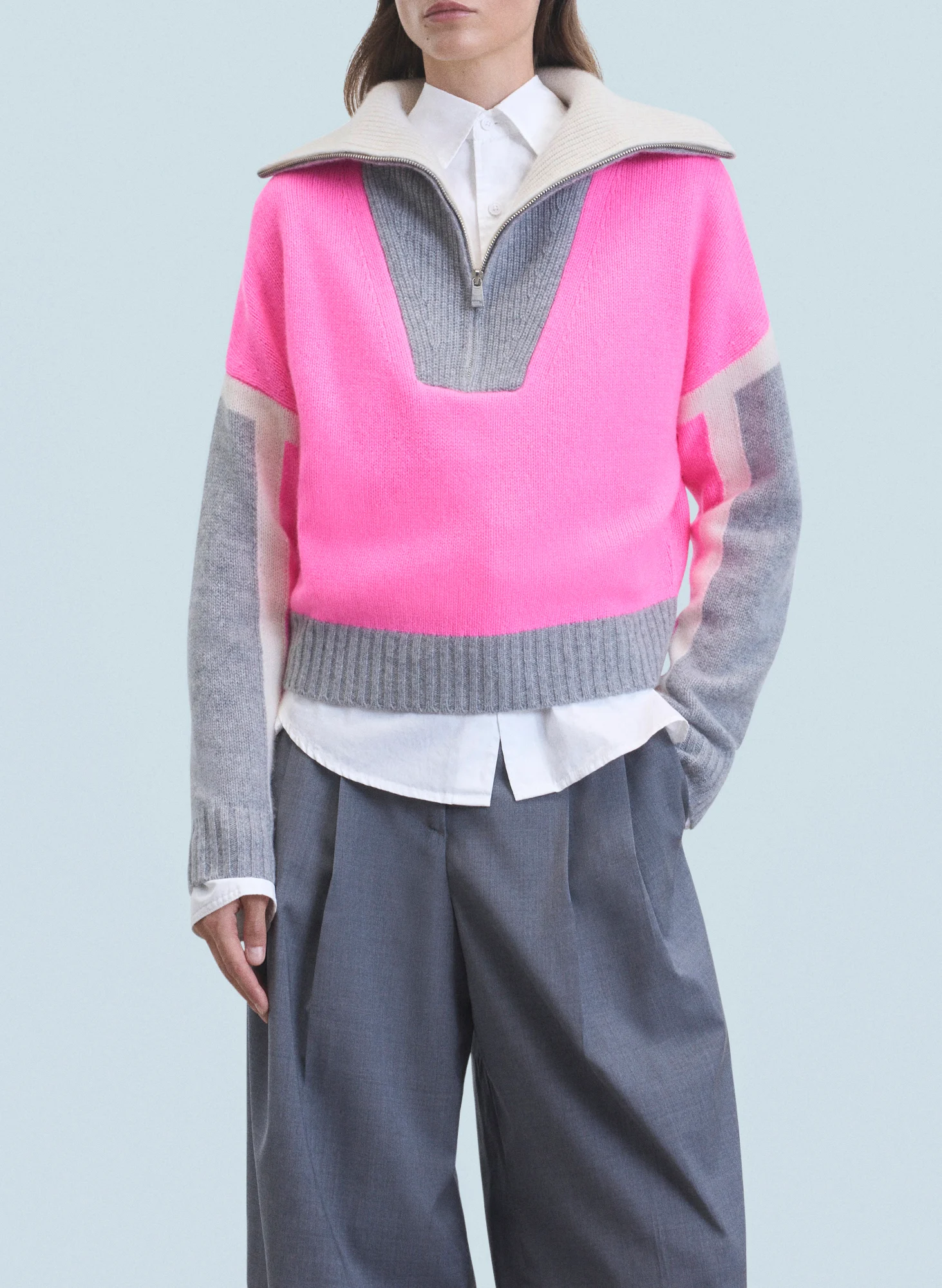 Pull tricolore en cachemire| Rose