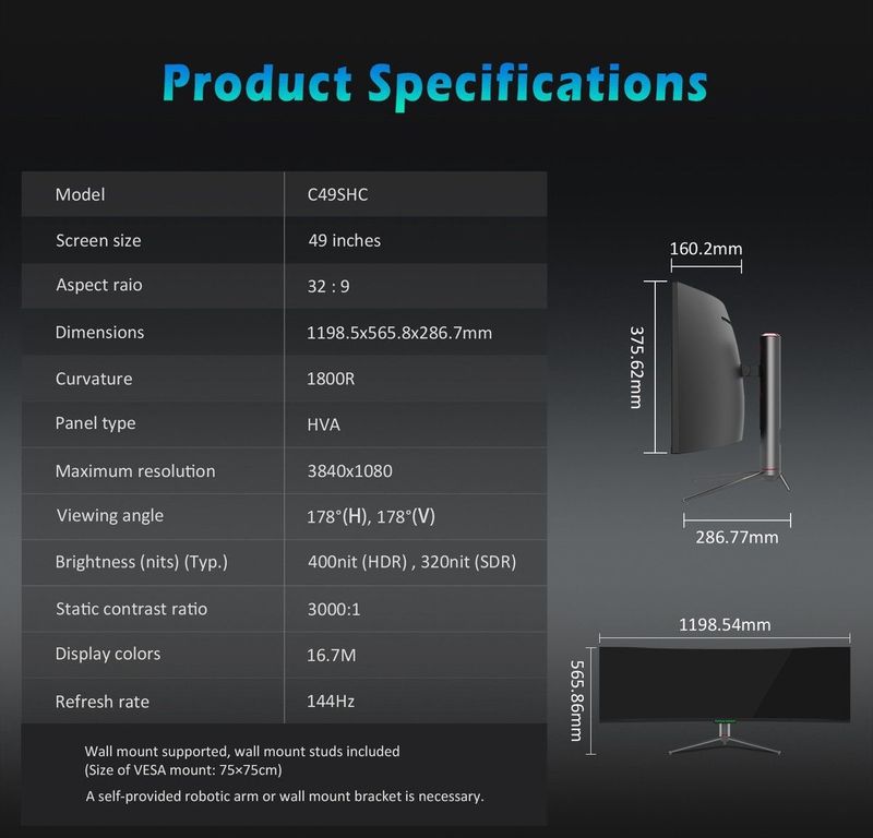 Titan Army C49SHC - Gamingmonitor - 49 inch - 3840x1080 - HVA-paneel