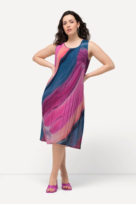Plissee-Minikleid, Farbverlauf, A-Linie, Rundhals, ärmellos