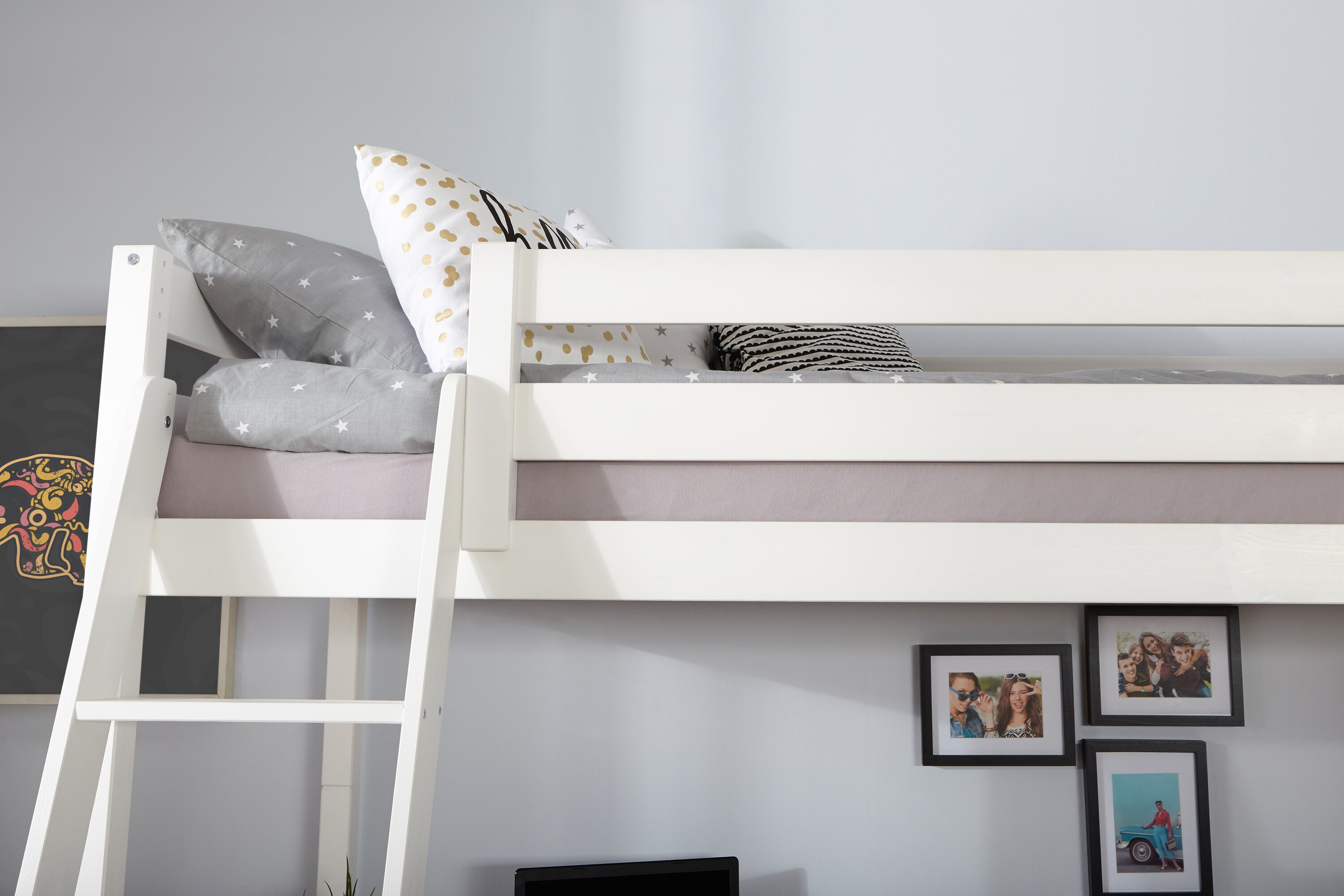 TiCAA Hochbett „Felix“ mit Schreibtisch Kiefer massiv Weiß