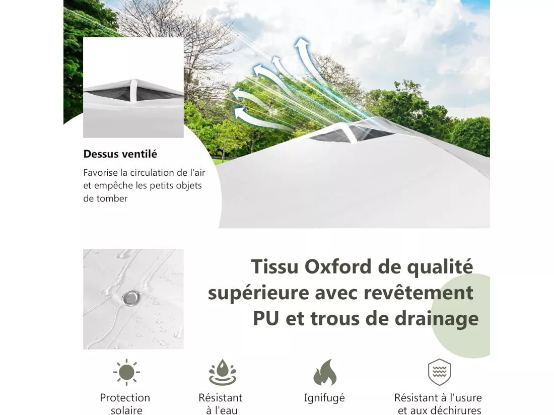 Tonnelle pop-up 3x3 m avec Paroi Latérale, Pavillon de Jardin Pliable avec Barres Transversales Suspendues, Bandes bannières et Sac à Roulettes, Protection UV 50+ (Blanc)