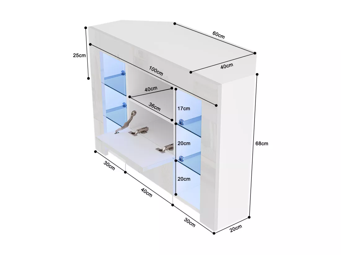 Meuble TV d'angle Moderne à LED Lumière, Banc TV Moderne Blanc Haut Brillant, 9 Compartiments, Meuble Salon 100x40x68CM