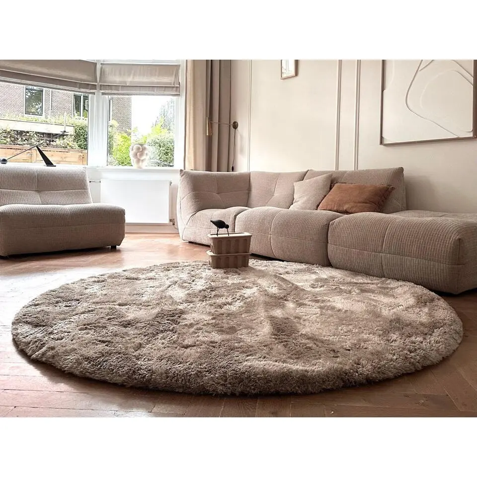 Interieur05 Rond Hoogpolig vloerkleed Odelia beige/wit - 200 x 200 cm