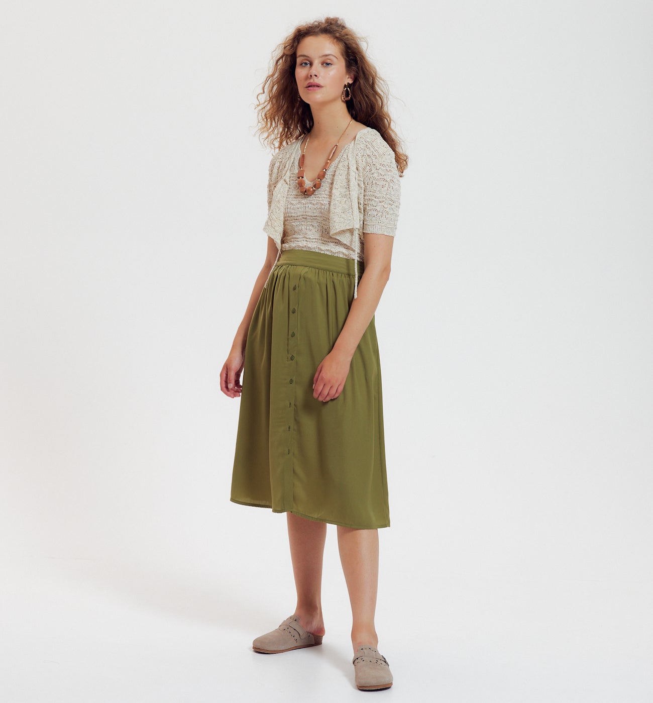 Jupe midi en satin uni - Kaki