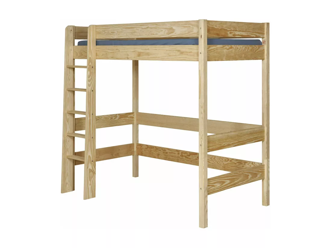 Pack lit mezzanine avec matelas 90x190 cm bois massif bois naturel CLEM